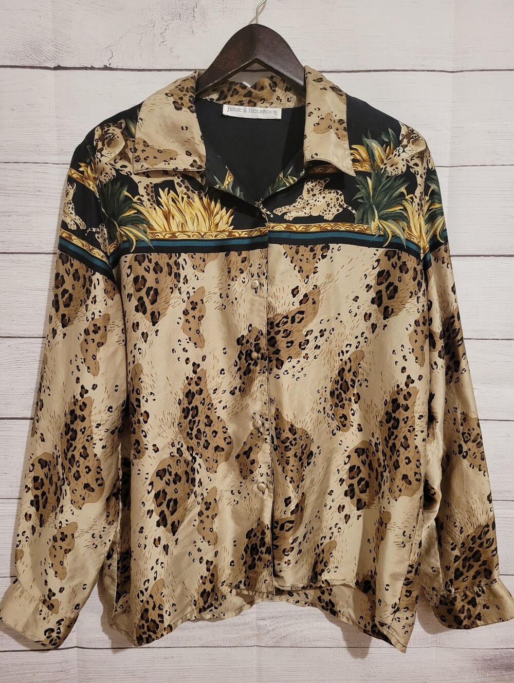 Jessica Holbrook Leopard Print 100% Silk Shirt Animal Print Shirt Sz Medium Vtg